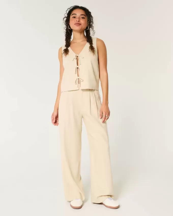 Pantaloni largi Hollister Livvy, cu talie ultra înaltă, din amestec de in