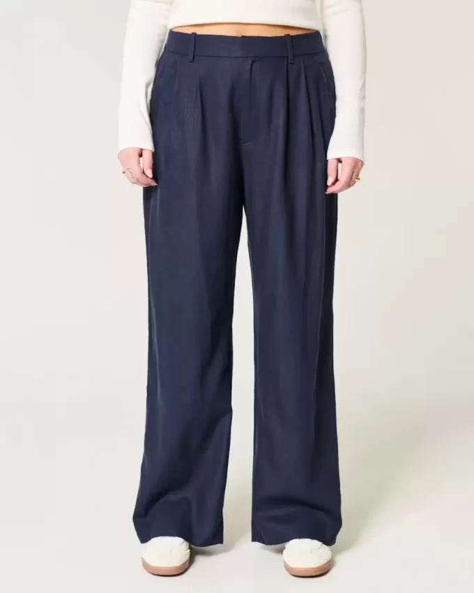 Pantaloni largi Hollister Livvy, cu talie ultra înaltă, din amestec de in