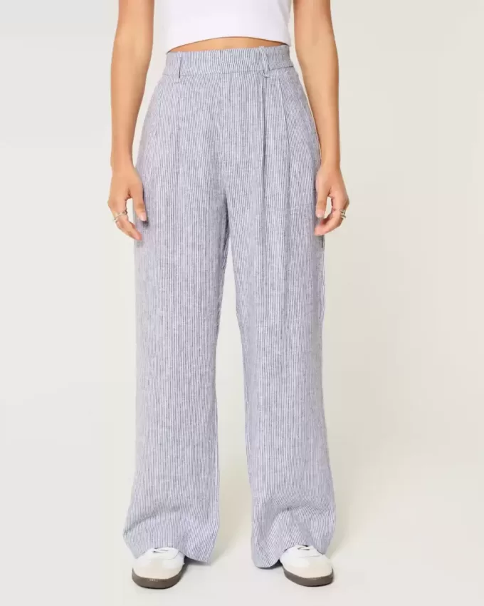 Pantaloni largi Hollister Livvy, cu talie ultra înaltă, din amestec de in