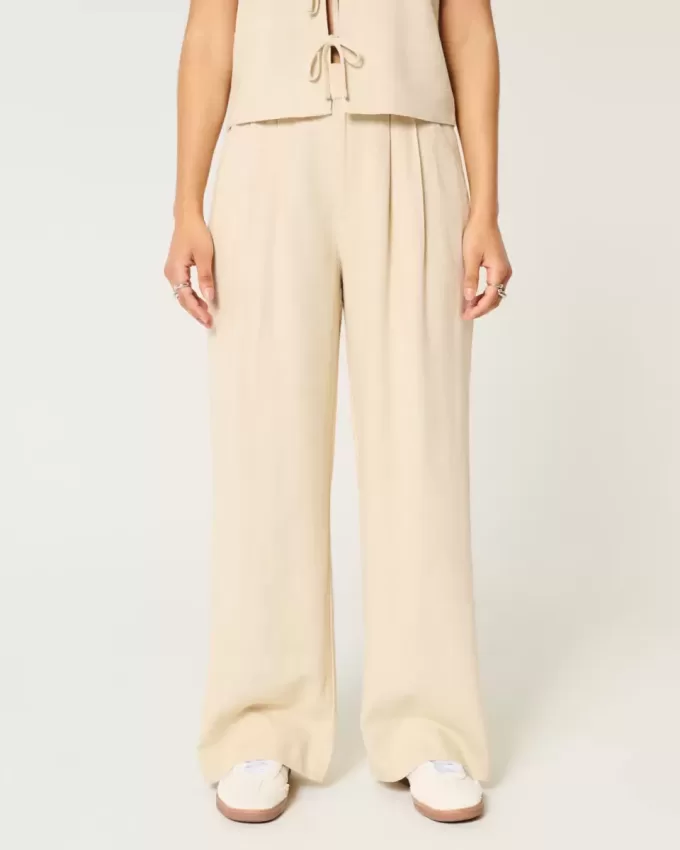 Pantaloni largi Hollister Livvy, cu talie ultra înaltă, din amestec de in