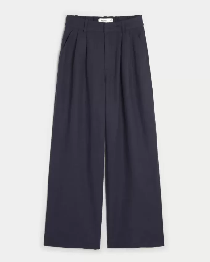 Pantaloni largi Hollister Livvy, cu talie ultra înaltă, din amestec de in