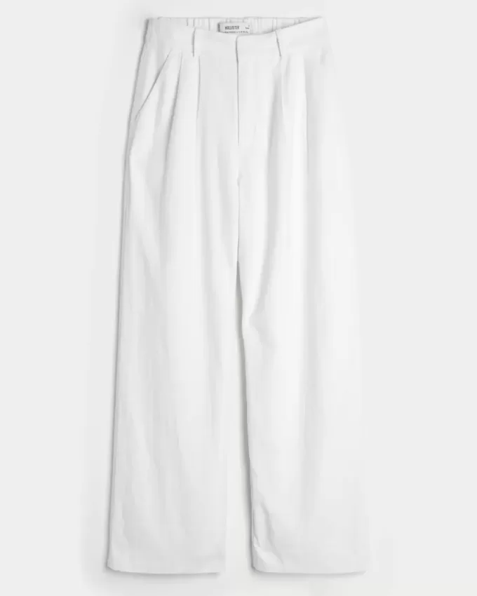 Pantaloni largi Hollister Livvy, cu talie ultra înaltă, din amestec de in