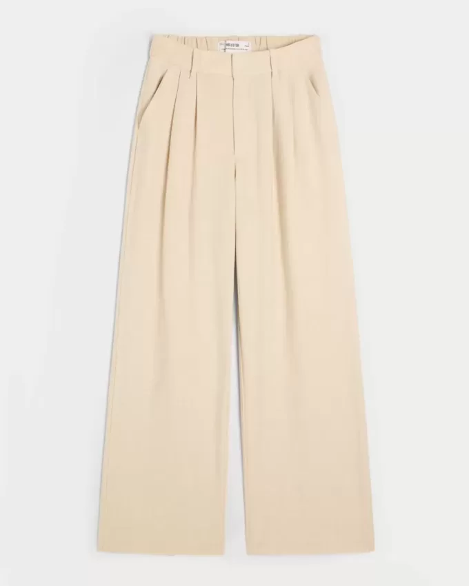 Pantaloni largi Hollister Livvy, cu talie ultra înaltă, din amestec de in