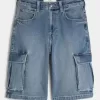 Pantaloni scurți cargo din denim cu spălare medie