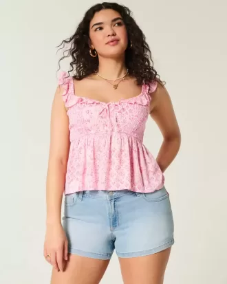 Pantaloni scurți din denim, cu talie joasă, cu decolorare ușoară, brodate florale
