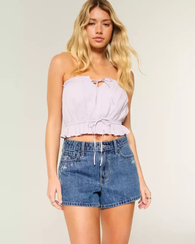Pantaloni scurți din denim cu talie înaltă, cu spalare medie, brodate florale Pantaloni scurți din denim cu talie înaltă, cu spalare medie, brodate florale