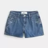 Pantaloni scurți din denim cu talie înaltă, cu spalare medie, brodate florale Pantaloni scurți din denim cu talie înaltă, cu spalare medie, brodate florale