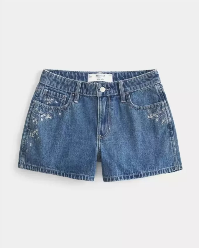 Pantaloni scurți din denim cu talie înaltă, cu spalare medie, brodate florale Pantaloni scurți din denim cu talie înaltă, cu spalare medie, brodate florale
