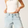 Pantaloni scurți din denim largi, cu talie joasă, spălat ușor, 5 inchi Pantaloni scurți din denim largi, cu talie joasă, spălat ușor, 5 inchi