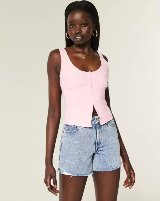 Pantaloni scurți din denim largi, cu talie mare, spalare medie, 5 inchi Pantaloni scurți din denim largi, cu talie mare, spalare medie, 5 inchi