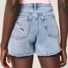 Pantaloni scurți din denim largi, cu talie mare, spalare medie, 5 inchi Pantaloni scurți din denim largi, cu talie mare, spalare medie, 5 inchi