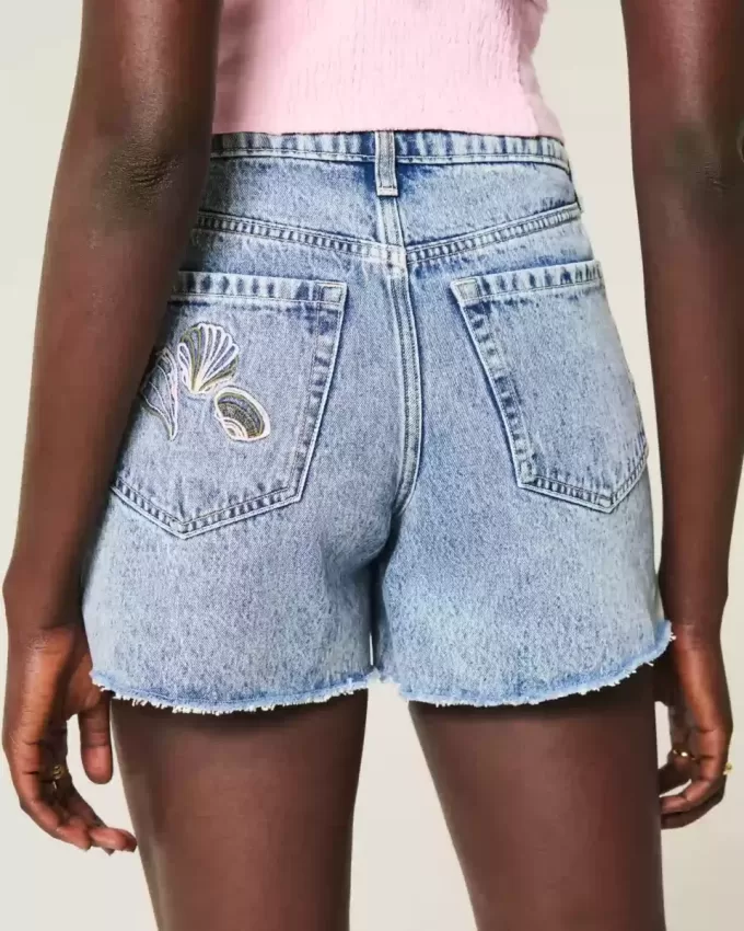 Pantaloni scurți din denim largi, cu talie mare, spalare medie, 5 inchi Pantaloni scurți din denim largi, cu talie mare, spalare medie, 5 inchi