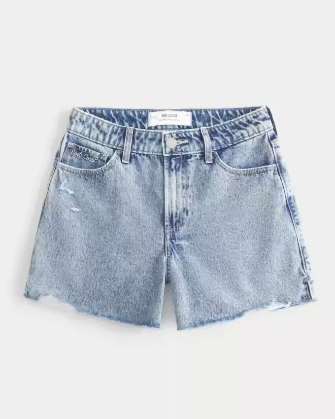 Pantaloni scurți din denim largi, cu talie mare, spalare medie, 5 inchi Pantaloni scurți din denim largi, cu talie mare, spalare medie, 5 inchi