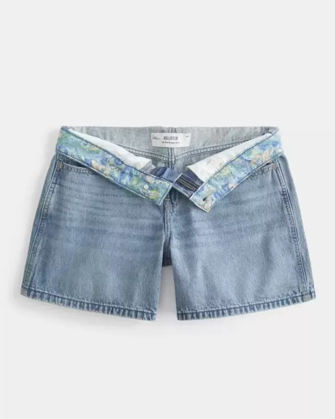 Pantaloni scurți din denim largi, cu talie rabatabilă, cu spalare medie, 5″ Pantaloni scurți din denim largi, cu talie rabatabilă, cu spalare medie, 5″