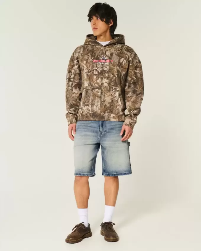 Pantaloni scurți din denim largi, spalat la culoare închisă