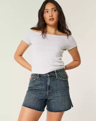 Pantaloni scurți din denim relaxați, cu talie înaltă, de culoare închisă, 5″