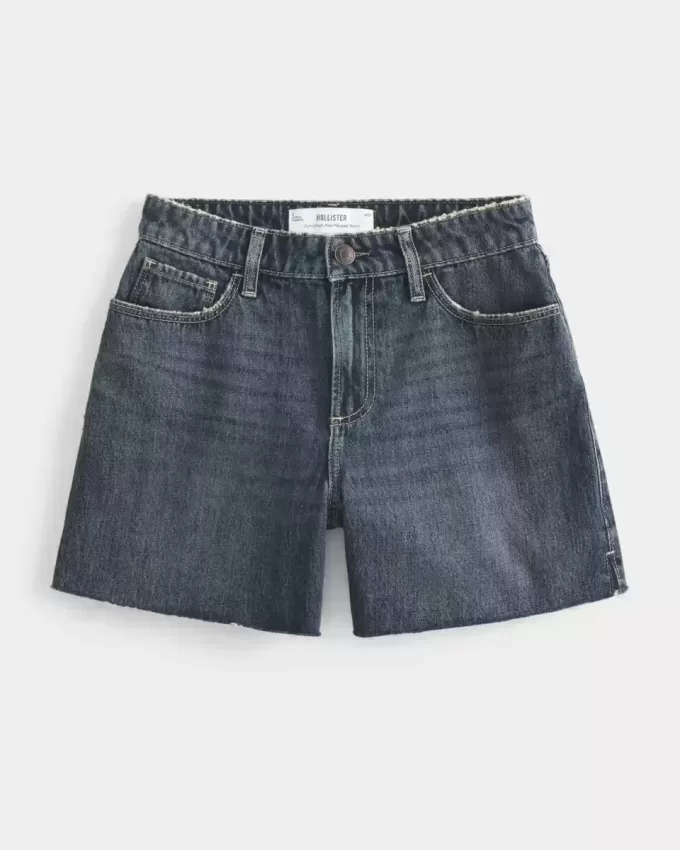 Pantaloni scurți din denim relaxați, cu talie înaltă, de culoare închisă, 5″ Pantaloni scurți din denim relaxați, cu talie înaltă, de culoare închisă, 5″