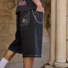 Pantaloni scurți din denim super baggy cu grafică Black Cat, spălat