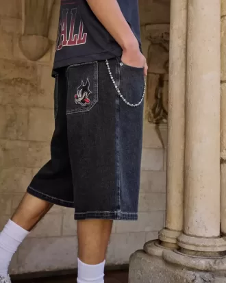 Pantaloni scurți din denim super baggy cu grafică Black Cat, spălat