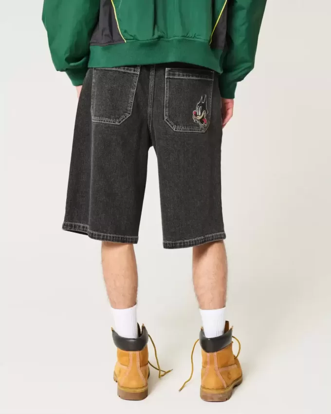 Pantaloni scurți din denim super baggy cu grafică Black Cat, spălat