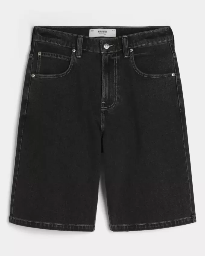 Pantaloni scurți din denim super baggy cu grafică Black Cat, spălat