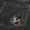 Pantaloni scurți din denim super baggy cu grafică Black Cat, spălat
