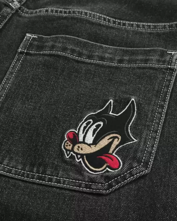 Pantaloni scurți din denim super baggy cu grafică Black Cat, spălat