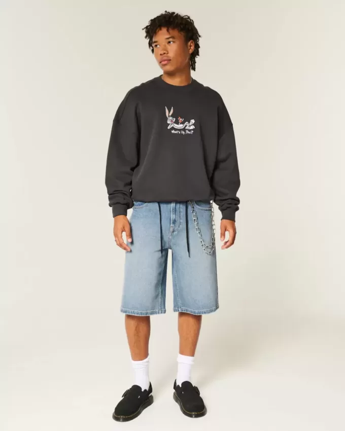Pantaloni scurți din denim super baggy cu spălare medie Pantaloni scurți din denim super baggy cu spălare medie