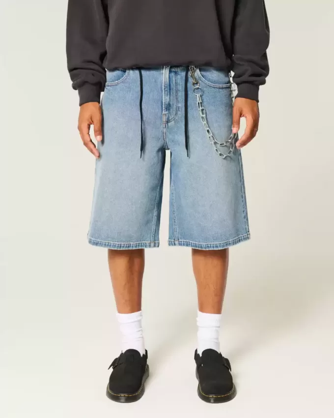 Pantaloni scurți din denim super baggy cu spălare medie Pantaloni scurți din denim super baggy cu spălare medie