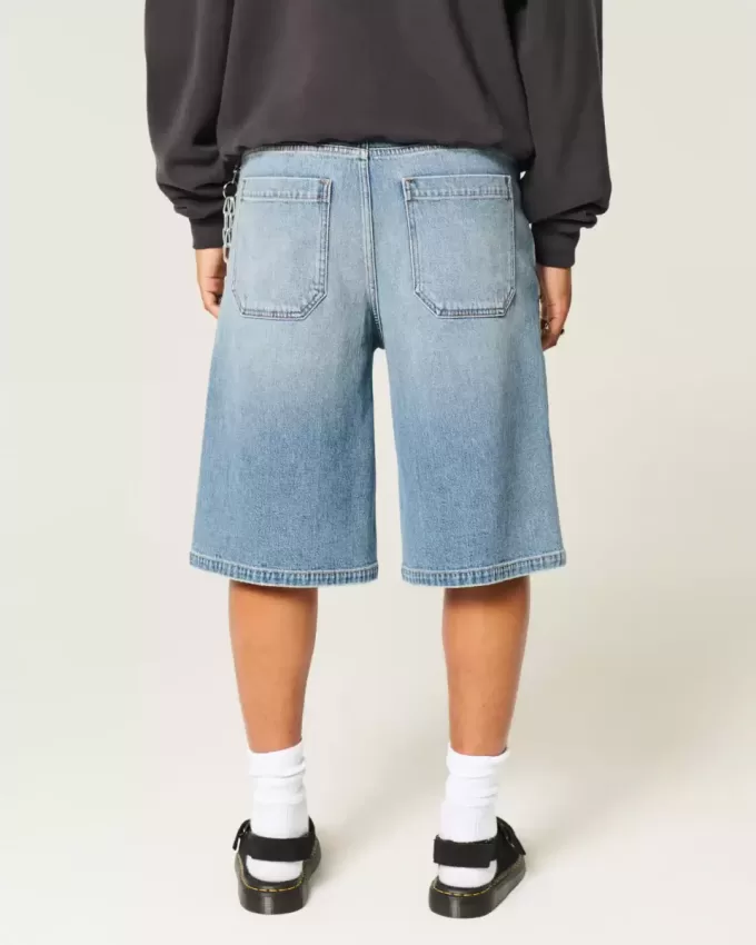 Pantaloni scurți din denim super baggy cu spălare medie Pantaloni scurți din denim super baggy cu spălare medie