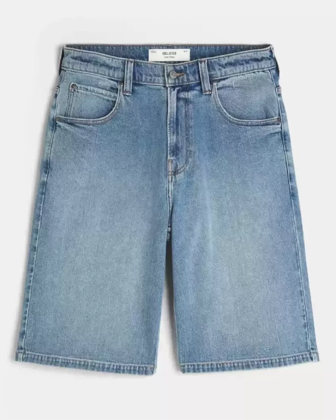 Pantaloni scurți din denim super baggy cu spălare medie Pantaloni scurți din denim super baggy cu spălare medie