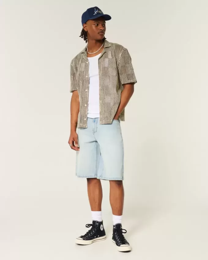 Pantaloni scurți din denim super largi cu grafic Dice Light Wash