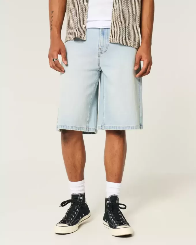 Pantaloni scurți din denim super largi cu grafic Dice Light Wash