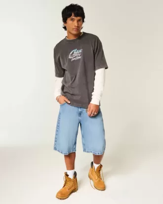 Pantaloni scurți din denim super largi cu grafic Skull