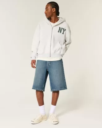 Pantaloni scurți din denim super largi, cu spalare închisă sub genunchi