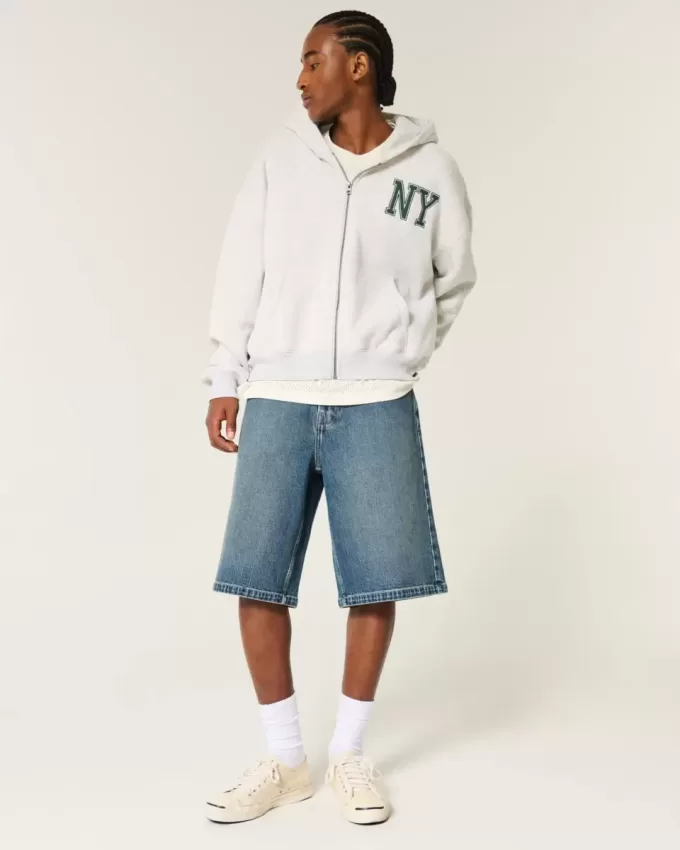 Pantaloni scurți din denim super largi, cu spalare închisă sub genunchi