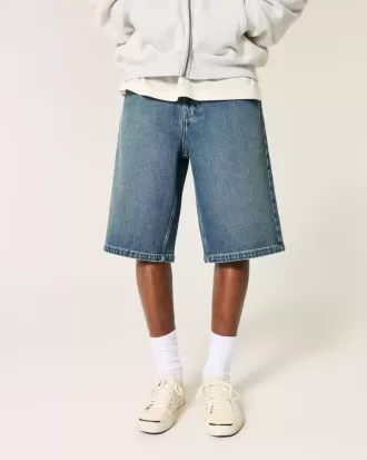 Pantaloni scurți din denim super largi, cu spalare închisă sub genunchi