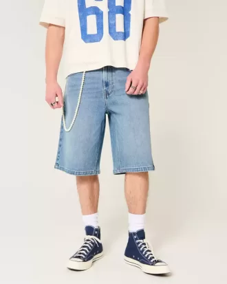 Pantaloni scurți din denim super largi, cu spălare medie sub genunchi