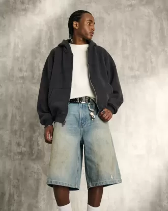 Pantaloni scurți din denim super largi, cu spălare medie unsă