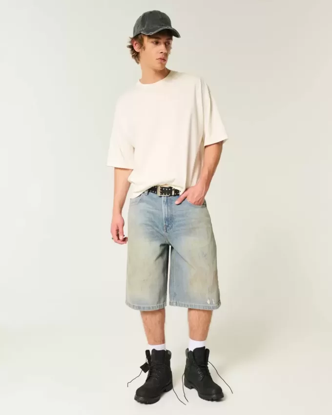 Pantaloni scurți din denim super largi, cu spălare medie unsă