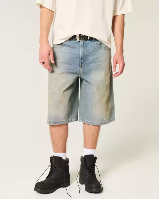 Pantaloni scurți din denim super largi, cu spălare medie unsă