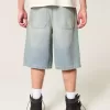 Pantaloni scurți din denim super largi, cu spălare medie unsă