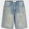 Pantaloni scurți din denim super largi, cu spălare medie unsă
