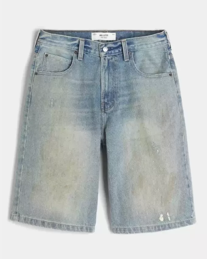 Pantaloni scurți din denim super largi, cu spălare medie unsă