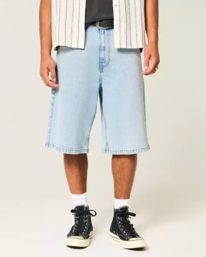 Pantaloni scurți din denim super largi cu spălare ușoară Pantaloni scurți din denim super largi cu spălare ușoară