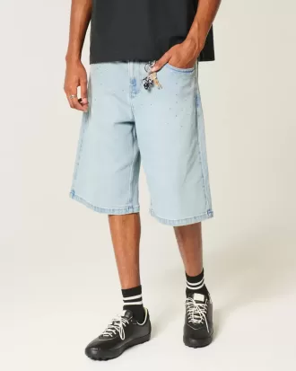 Pantaloni scurți din denim super largi, decorati cu spălare ușoară