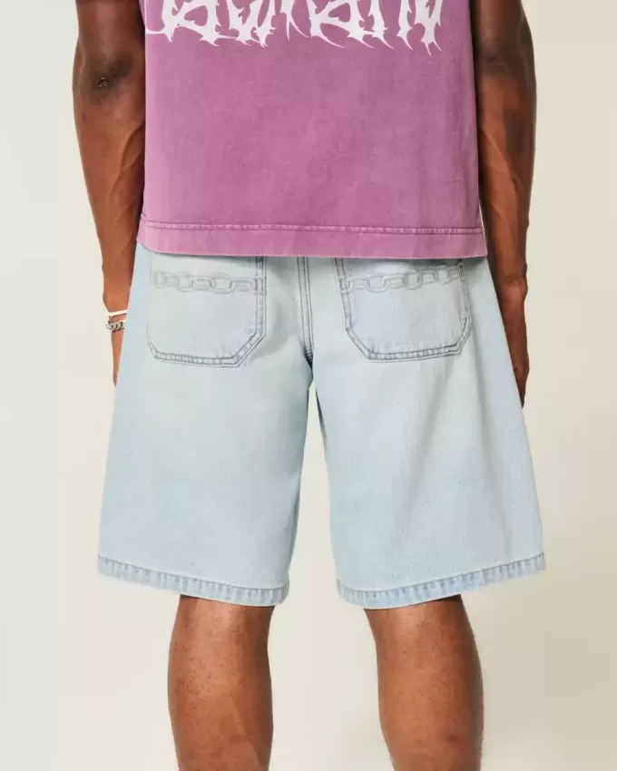 Pantaloni scurți largi din denim cu broderie cu lanț Pantaloni scurți largi din denim cu broderie cu lanț