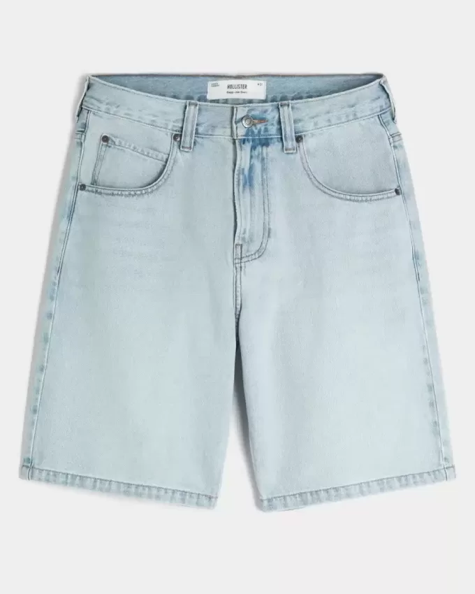 Pantaloni scurți largi din denim cu broderie cu lanț Pantaloni scurți largi din denim cu broderie cu lanț