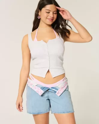 Pantaloni scurți largi din denim cu talie joasă, spalare medie, 5 inchi
