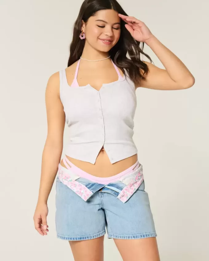 Pantaloni scurți largi din denim cu talie joasă, spalare medie, 5 inchi Pantaloni scurți largi din denim cu talie joasă, spalare medie, 5 inchi